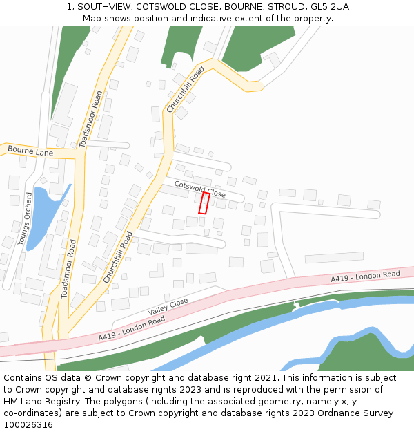 1, SOUTHVIEW, COTSWOLD CLOSE, BOURNE, STROUD, GL5 2UA: Location map and indicative extent of plot