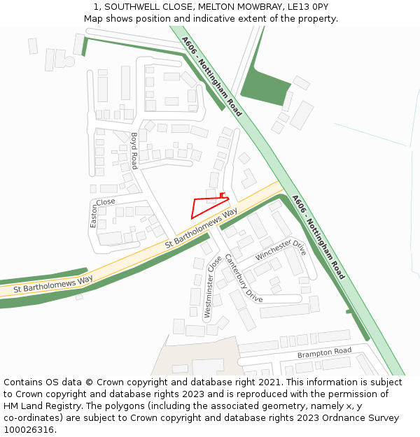 1, SOUTHWELL CLOSE, MELTON MOWBRAY, LE13 0PY: Location map and indicative extent of plot