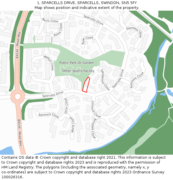 1, SPARCELLS DRIVE, SPARCELLS, SWINDON, SN5 5FY: Location map and indicative extent of plot