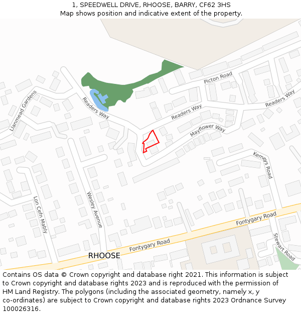 1, SPEEDWELL DRIVE, RHOOSE, BARRY, CF62 3HS: Location map and indicative extent of plot