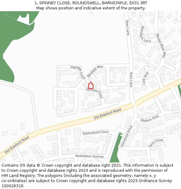 1, SPINNEY CLOSE, ROUNDSWELL, BARNSTAPLE, EX31 3RT: Location map and indicative extent of plot