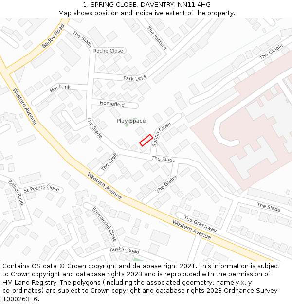 1, SPRING CLOSE, DAVENTRY, NN11 4HG: Location map and indicative extent of plot