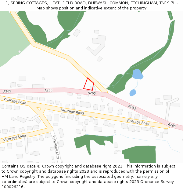 1, SPRING COTTAGES, HEATHFIELD ROAD, BURWASH COMMON, ETCHINGHAM, TN19 7LU: Location map and indicative extent of plot