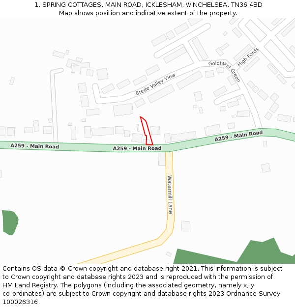 1, SPRING COTTAGES, MAIN ROAD, ICKLESHAM, WINCHELSEA, TN36 4BD: Location map and indicative extent of plot