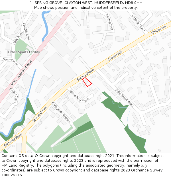 1, SPRING GROVE, CLAYTON WEST, HUDDERSFIELD, HD8 9HH: Location map and indicative extent of plot