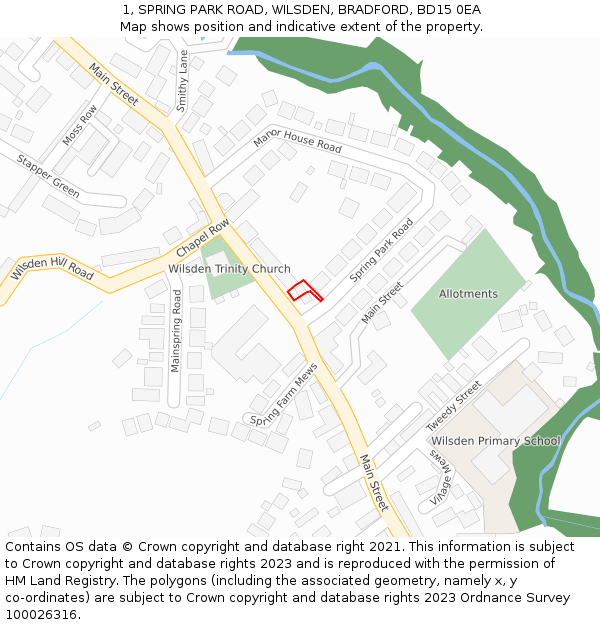 1, SPRING PARK ROAD, WILSDEN, BRADFORD, BD15 0EA: Location map and indicative extent of plot