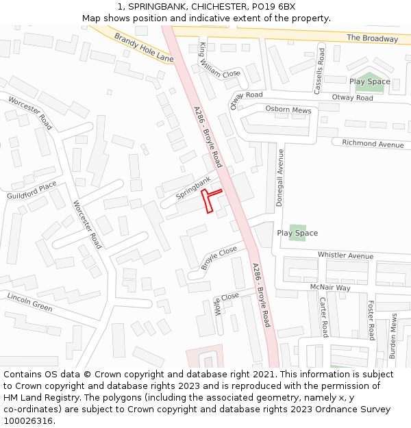 1, SPRINGBANK, CHICHESTER, PO19 6BX: Location map and indicative extent of plot