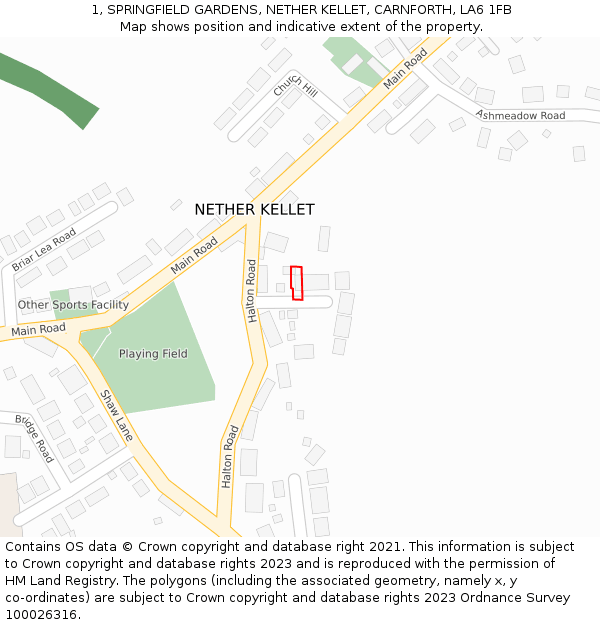 1, SPRINGFIELD GARDENS, NETHER KELLET, CARNFORTH, LA6 1FB: Location map and indicative extent of plot