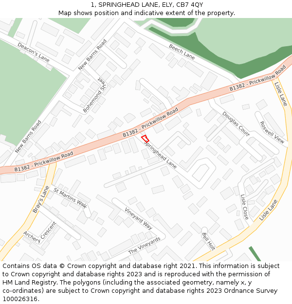 1, SPRINGHEAD LANE, ELY, CB7 4QY: Location map and indicative extent of plot