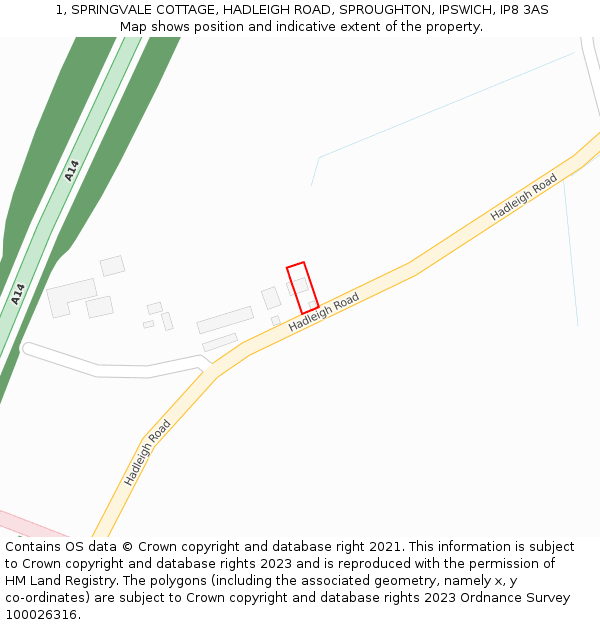 1, SPRINGVALE COTTAGE, HADLEIGH ROAD, SPROUGHTON, IPSWICH, IP8 3AS: Location map and indicative extent of plot