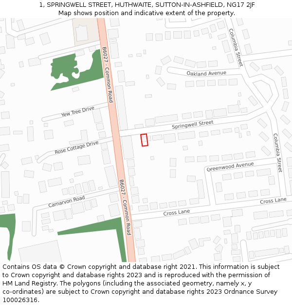 1, SPRINGWELL STREET, HUTHWAITE, SUTTON-IN-ASHFIELD, NG17 2JF: Location map and indicative extent of plot