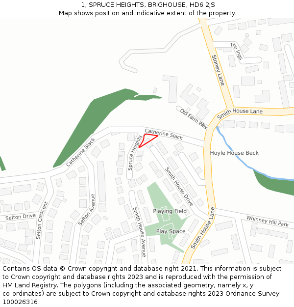 1, SPRUCE HEIGHTS, BRIGHOUSE, HD6 2JS: Location map and indicative extent of plot