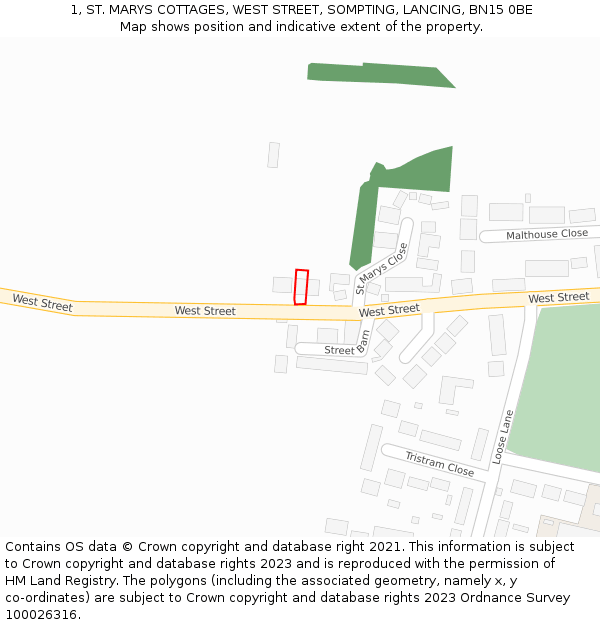 1, ST. MARYS COTTAGES, WEST STREET, SOMPTING, LANCING, BN15 0BE: Location map and indicative extent of plot