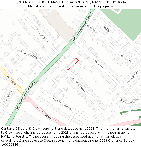 1, STAINFORTH STREET, MANSFIELD WOODHOUSE, MANSFIELD, NG19 9AP: Location map and indicative extent of plot