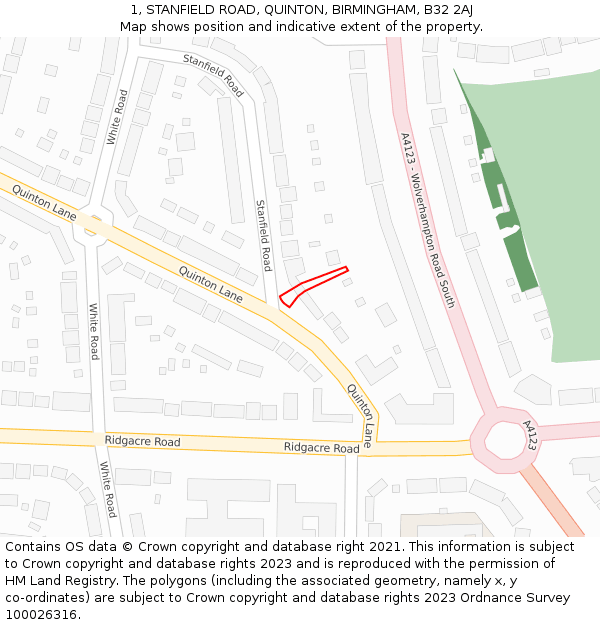 1, STANFIELD ROAD, QUINTON, BIRMINGHAM, B32 2AJ: Location map and indicative extent of plot