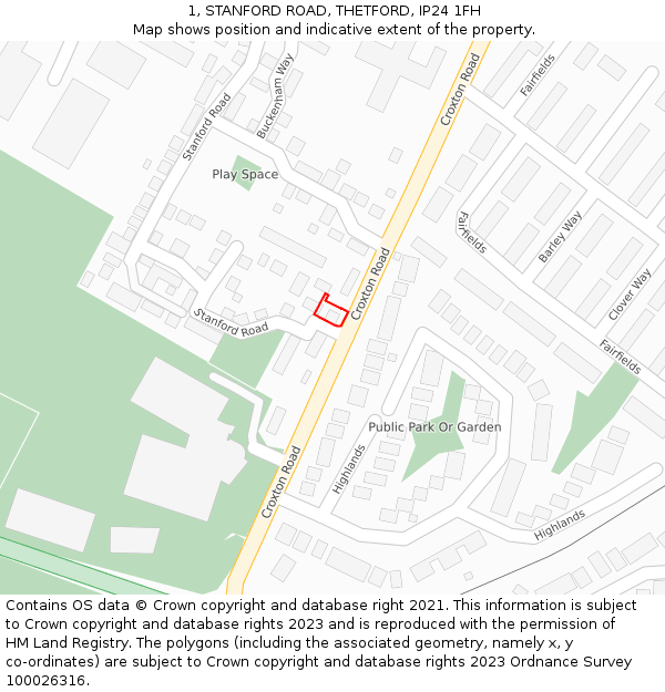 1, STANFORD ROAD, THETFORD, IP24 1FH: Location map and indicative extent of plot