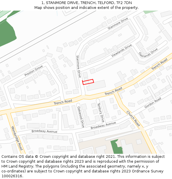 1, STANMORE DRIVE, TRENCH, TELFORD, TF2 7DN: Location map and indicative extent of plot