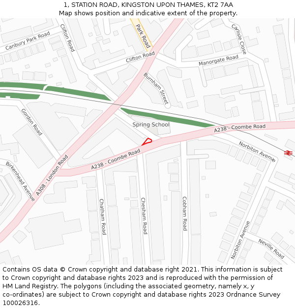 1, STATION ROAD, KINGSTON UPON THAMES, KT2 7AA: Location map and indicative extent of plot