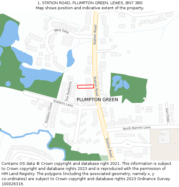 1, STATION ROAD, PLUMPTON GREEN, LEWES, BN7 3BS: Location map and indicative extent of plot