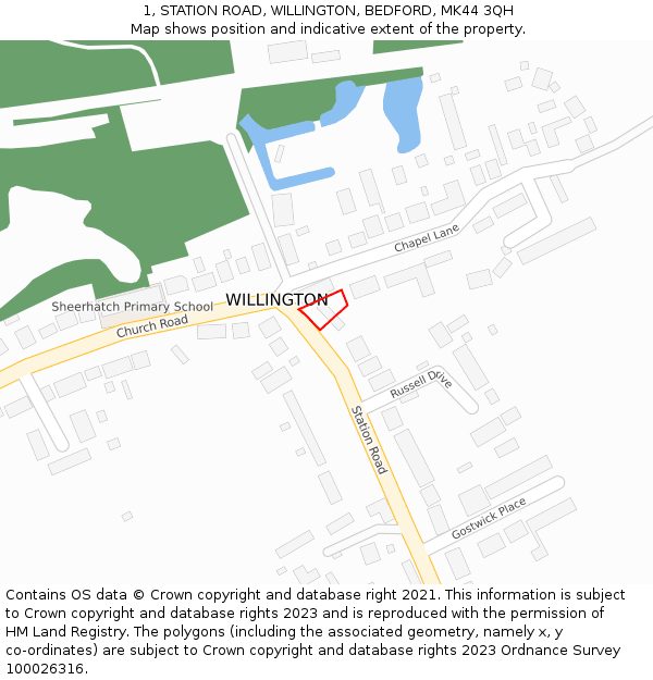 1, STATION ROAD, WILLINGTON, BEDFORD, MK44 3QH: Location map and indicative extent of plot