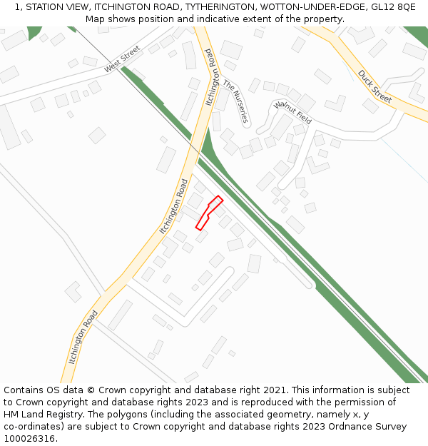 1, STATION VIEW, ITCHINGTON ROAD, TYTHERINGTON, WOTTON-UNDER-EDGE, GL12 8QE: Location map and indicative extent of plot