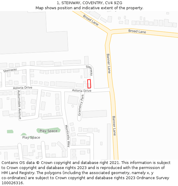 1, STEINWAY, COVENTRY, CV4 9ZG: Location map and indicative extent of plot