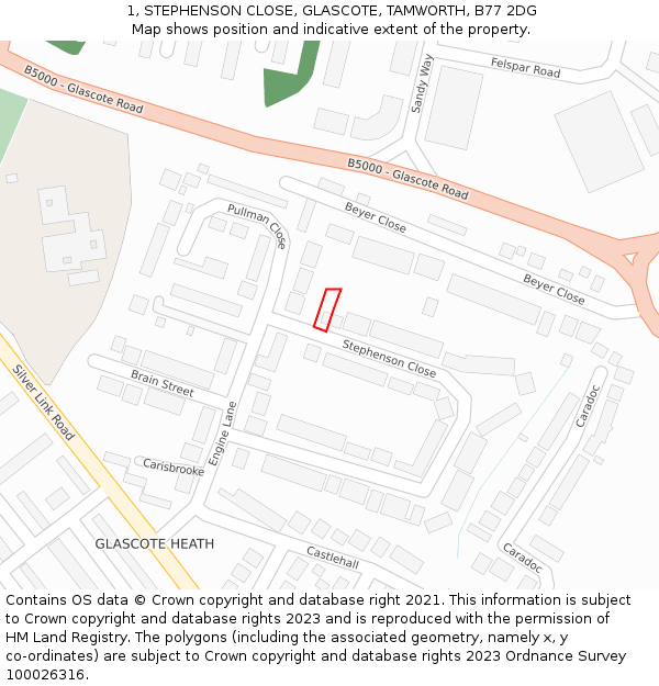1, STEPHENSON CLOSE, GLASCOTE, TAMWORTH, B77 2DG: Location map and indicative extent of plot