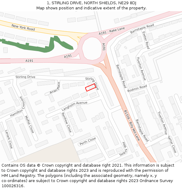 1, STIRLING DRIVE, NORTH SHIELDS, NE29 8DJ: Location map and indicative extent of plot