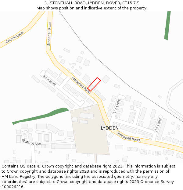 1, STONEHALL ROAD, LYDDEN, DOVER, CT15 7JS: Location map and indicative extent of plot