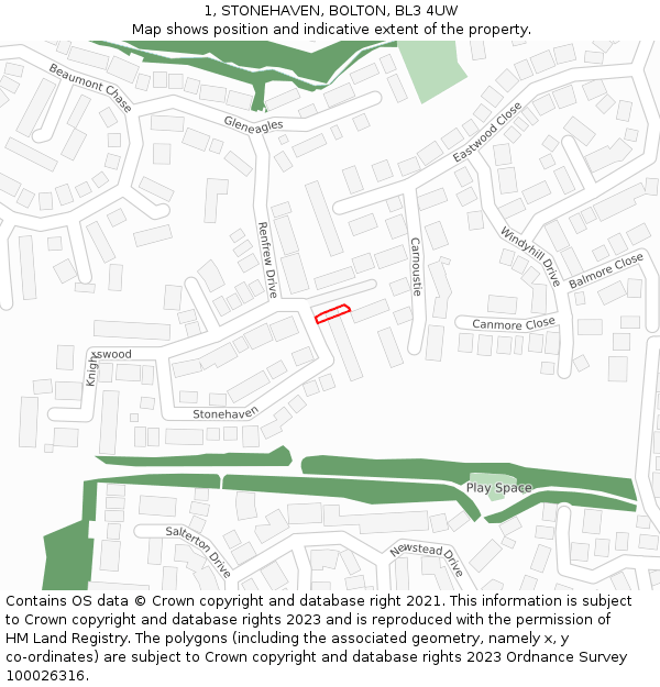 1, STONEHAVEN, BOLTON, BL3 4UW: Location map and indicative extent of plot