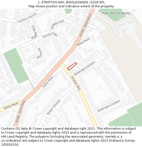 1, STRATTON WAY, BIGGLESWADE, SG18 0PL: Location map and indicative extent of plot