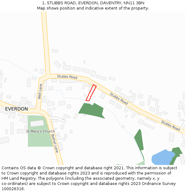 1, STUBBS ROAD, EVERDON, DAVENTRY, NN11 3BN: Location map and indicative extent of plot