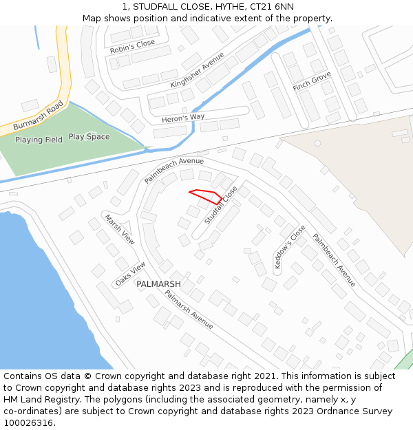 1, STUDFALL CLOSE, HYTHE, CT21 6NN: Location map and indicative extent of plot