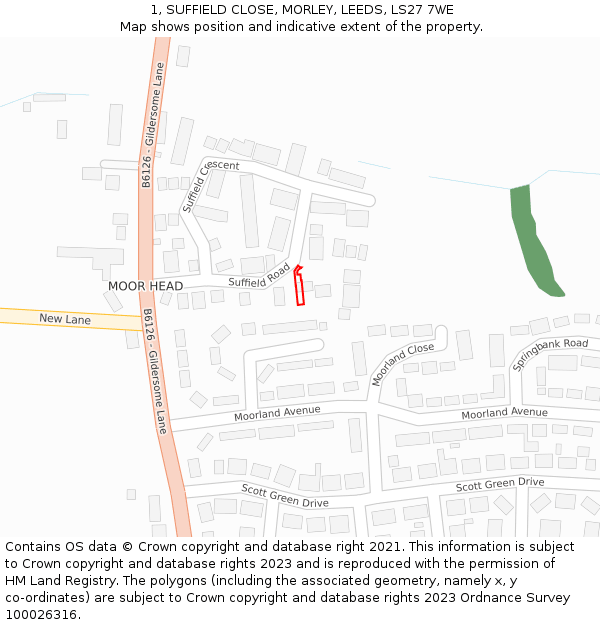 1, SUFFIELD CLOSE, MORLEY, LEEDS, LS27 7WE: Location map and indicative extent of plot