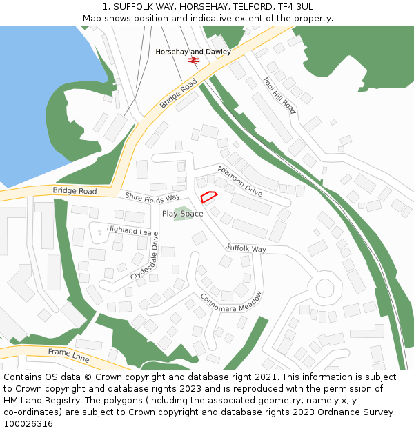 1, SUFFOLK WAY, HORSEHAY, TELFORD, TF4 3UL: Location map and indicative extent of plot