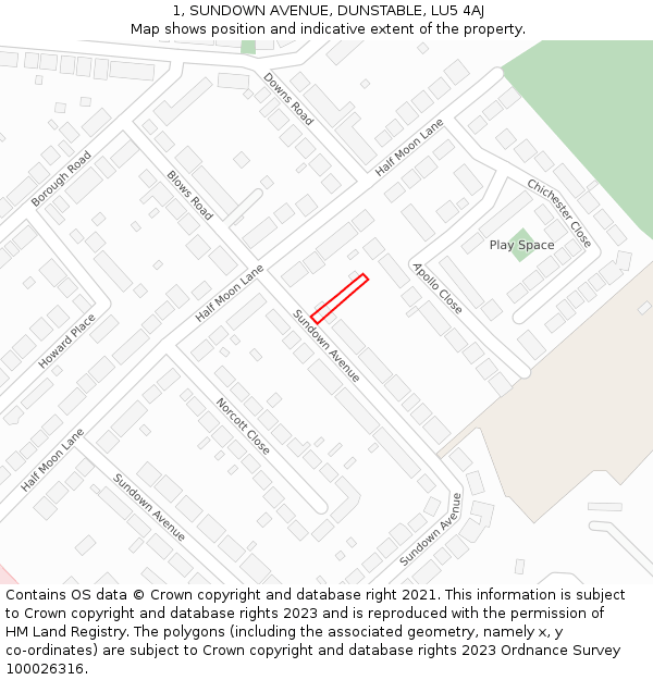 1, SUNDOWN AVENUE, DUNSTABLE, LU5 4AJ: Location map and indicative extent of plot