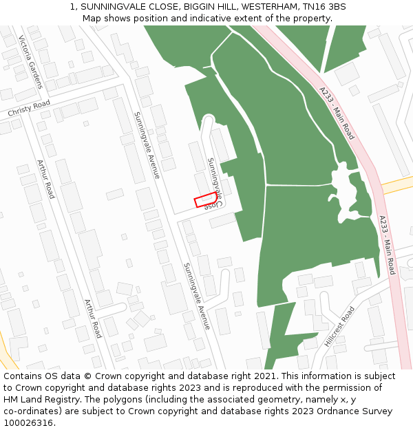 1, SUNNINGVALE CLOSE, BIGGIN HILL, WESTERHAM, TN16 3BS: Location map and indicative extent of plot