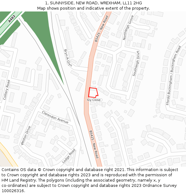 1, SUNNYSIDE, NEW ROAD, WREXHAM, LL11 2HG: Location map and indicative extent of plot