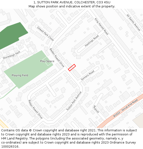 1, SUTTON PARK AVENUE, COLCHESTER, CO3 4SU: Location map and indicative extent of plot