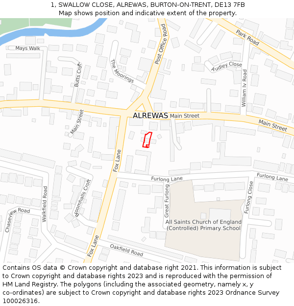 1, SWALLOW CLOSE, ALREWAS, BURTON-ON-TRENT, DE13 7FB: Location map and indicative extent of plot