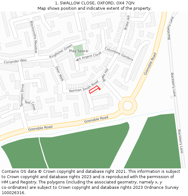 1, SWALLOW CLOSE, OXFORD, OX4 7QN: Location map and indicative extent of plot