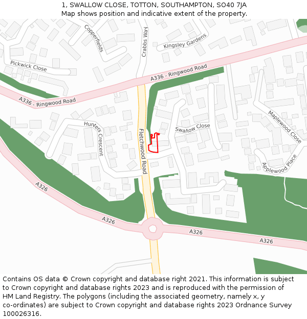 1, SWALLOW CLOSE, TOTTON, SOUTHAMPTON, SO40 7JA: Location map and indicative extent of plot