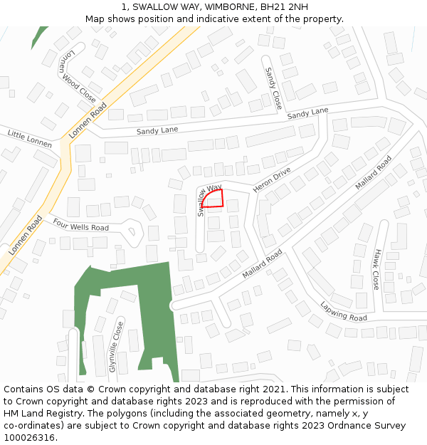 1, SWALLOW WAY, WIMBORNE, BH21 2NH: Location map and indicative extent of plot