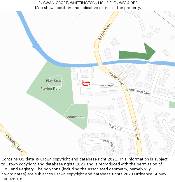 1, SWAN CROFT, WHITTINGTON, LICHFIELD, WS14 9BF: Location map and indicative extent of plot