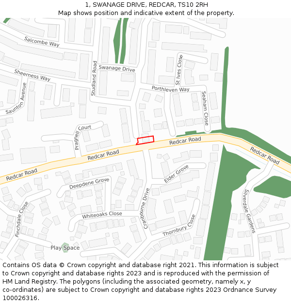 1, SWANAGE DRIVE, REDCAR, TS10 2RH: Location map and indicative extent of plot