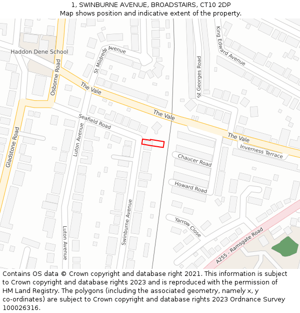 1, SWINBURNE AVENUE, BROADSTAIRS, CT10 2DP: Location map and indicative extent of plot