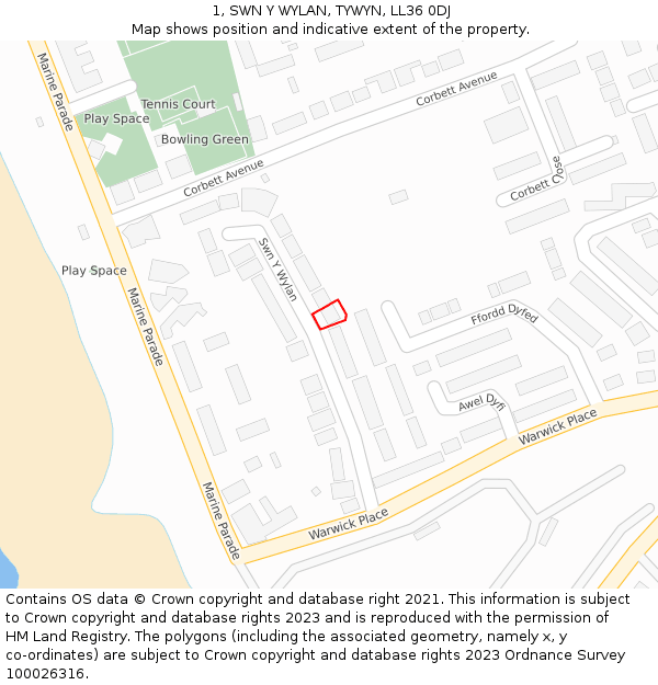 1, SWN Y WYLAN, TYWYN, LL36 0DJ: Location map and indicative extent of plot