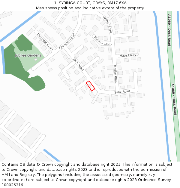 1, SYRINGA COURT, GRAYS, RM17 6XA: Location map and indicative extent of plot