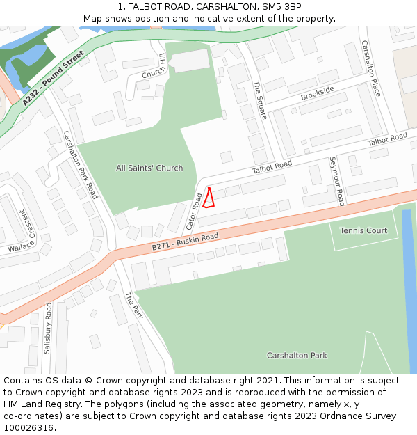 1, TALBOT ROAD, CARSHALTON, SM5 3BP: Location map and indicative extent of plot