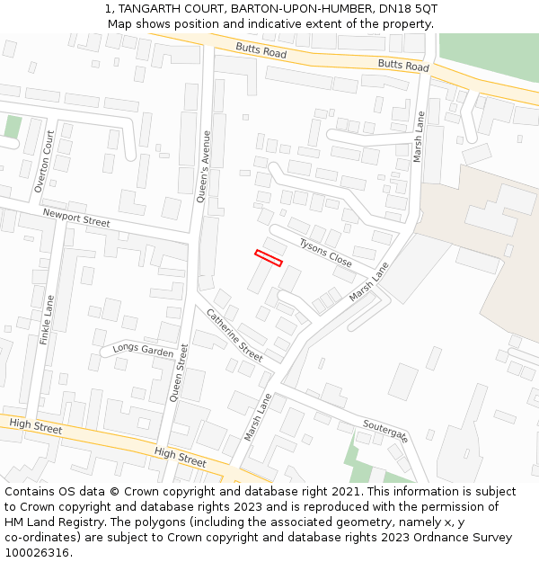 1, TANGARTH COURT, BARTON-UPON-HUMBER, DN18 5QT: Location map and indicative extent of plot